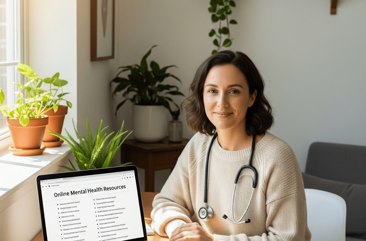 femme psychologue, professionnelle de la santé assise à côté de son ordinateur portable