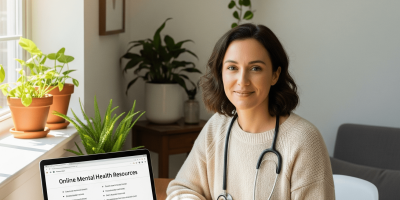 femme psychologue, professionnelle de la santé assise à côté de son ordinateur portable
