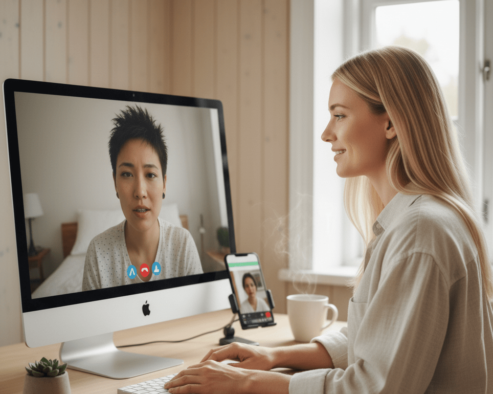 une femme psychologue discute par vidéo avec une femme transgenre