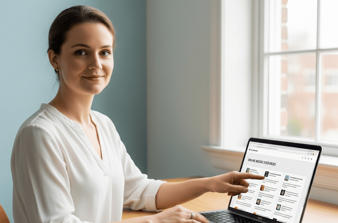 Une femme montre une liste sur son ordinateur