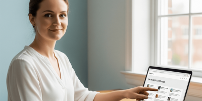 Une femme montre une liste sur son ordinateur