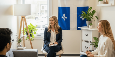 plusieurs personnes discutent dans une pièce avec un drapeau du Québec au mur