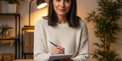 Une femme est assises, regarde l'objectif et prend des notes
