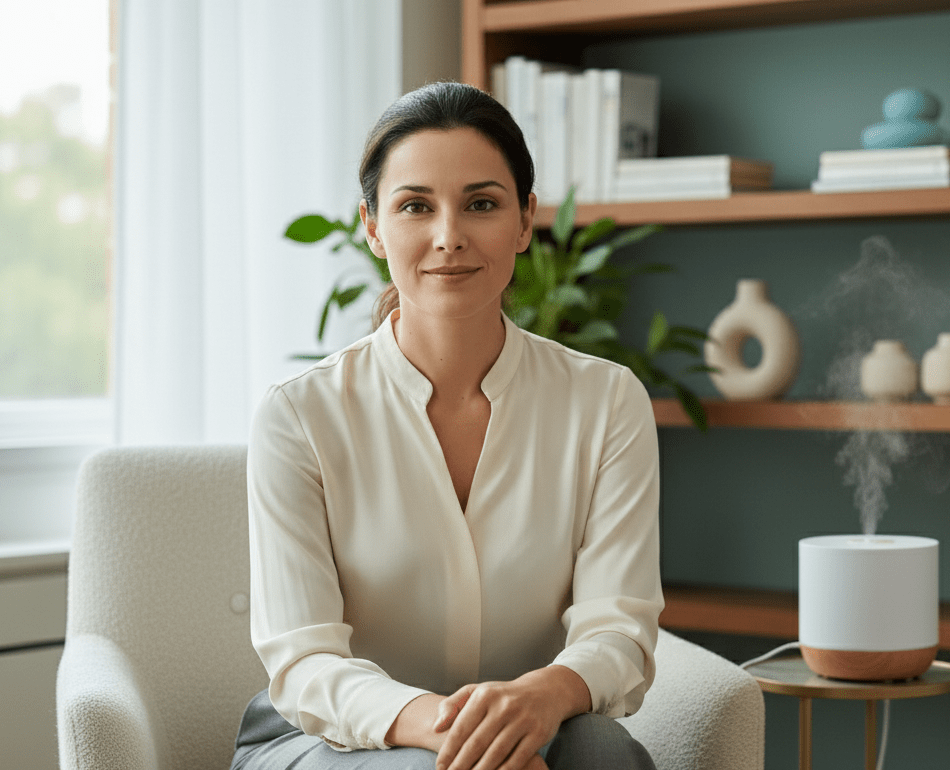 Une femme (Premuna) est assise sur un fauteuil