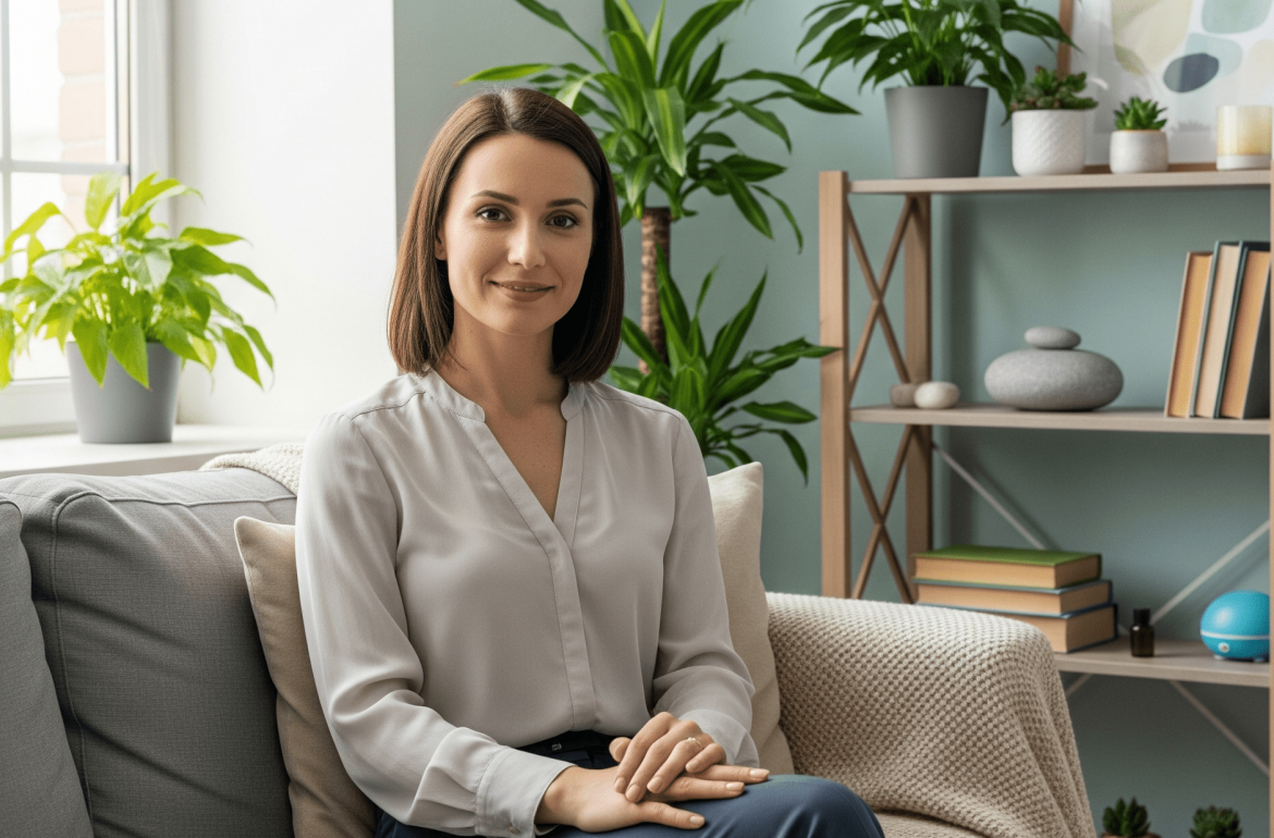 Une jeune femme assise dans un fauteuil dans une ambiance détendue