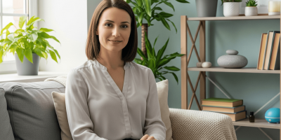 Une jeune femme assise dans un fauteuil dans une ambiance détendue