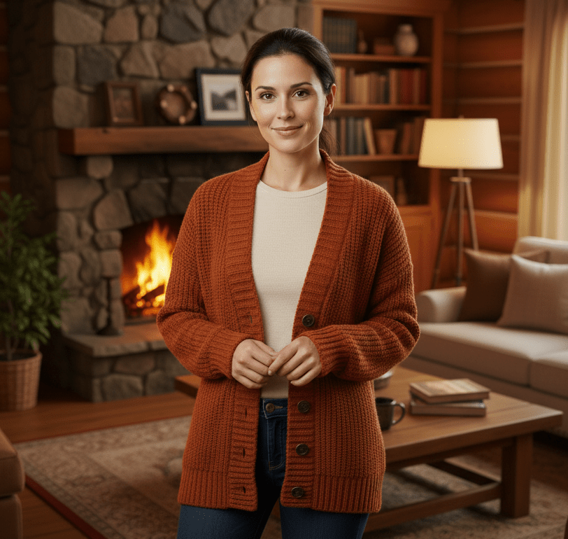 Une femme debout dans une pièce chaleureuse