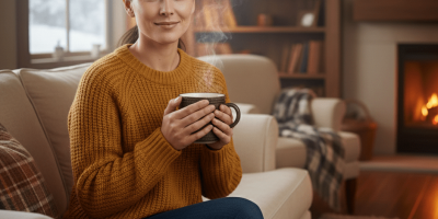 une femme relaxe prend un café dans un canapé