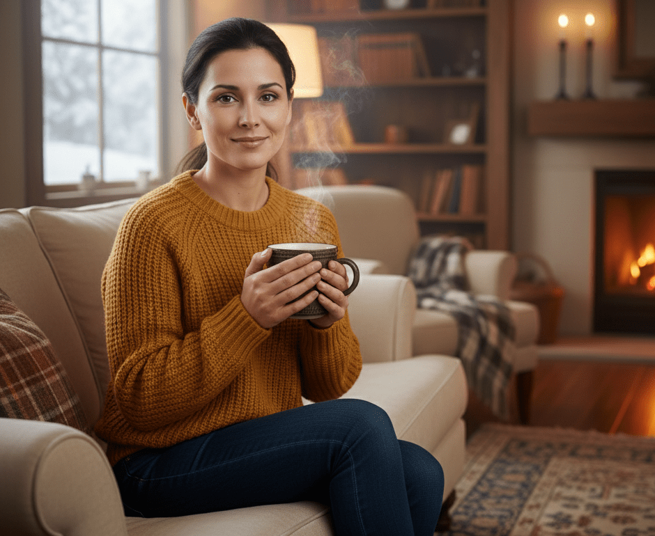 une femme relaxe prend un café dans un canapé