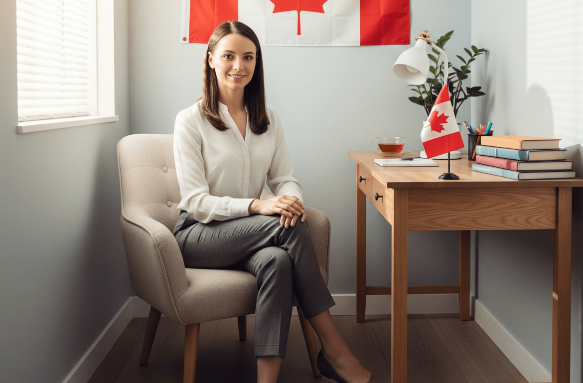 psychologue à l'écoute et au soutien psychologique avec un drapeau du Canada