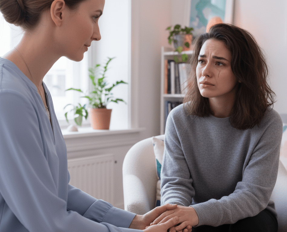 Une psy apporte son soutien à une femme anxieuse