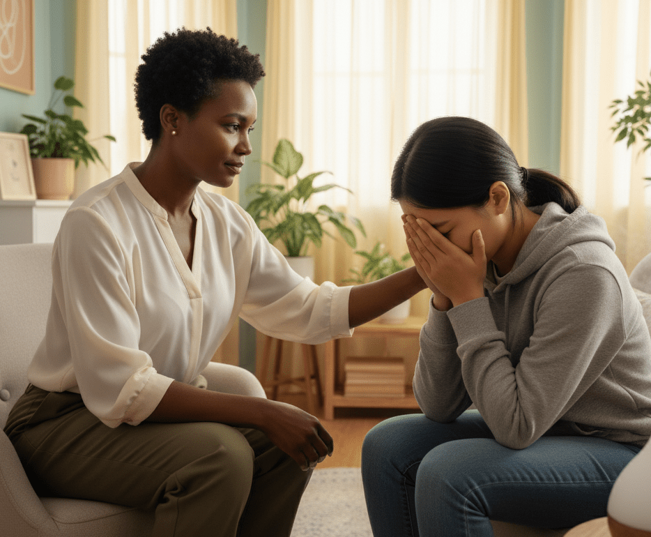 Une femme parle sa tristesse, son stress, son anxiété et troubles mentaux à une autre femme
