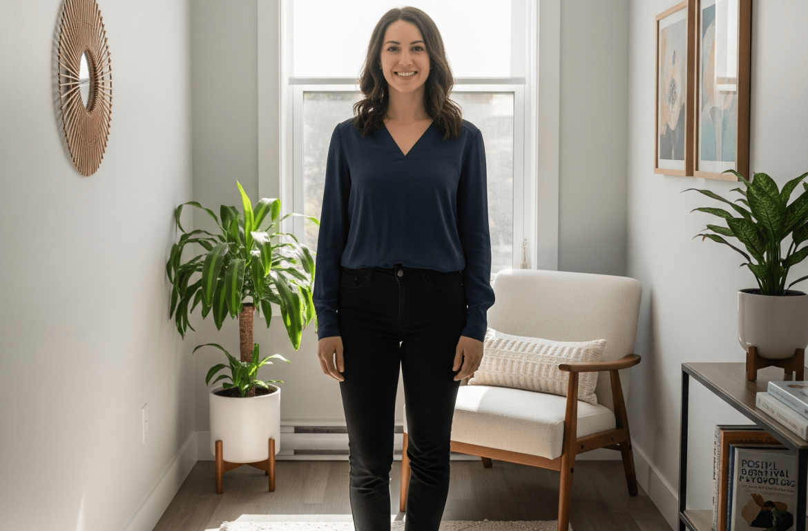une femme seule debout et souriante