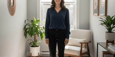 une femme seule debout et souriante
