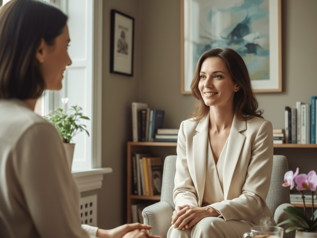 Deux femmes discutent avec le sourire