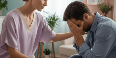 une femme soutien un homme qui ne va pas bien