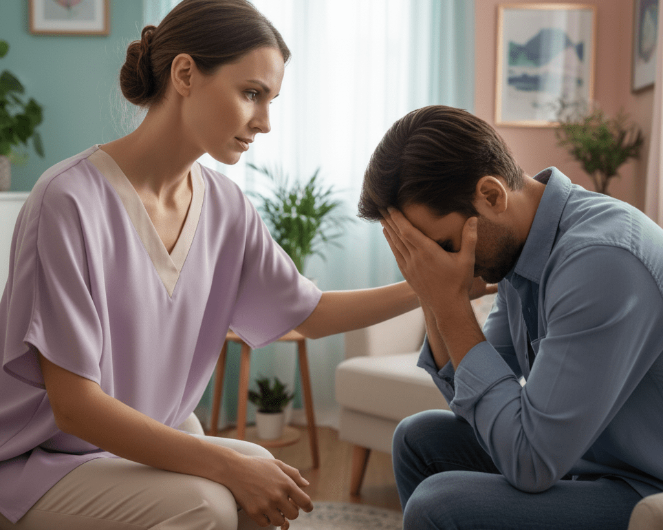 une femme soutien un homme qui ne va pas bien